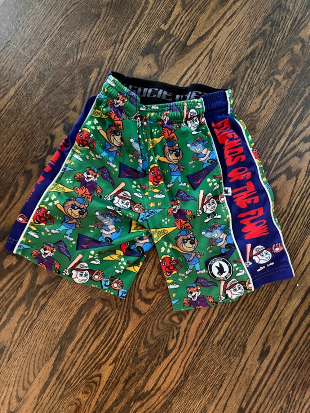 Green Cartoon Baseball Print Kids Athletic Shorts